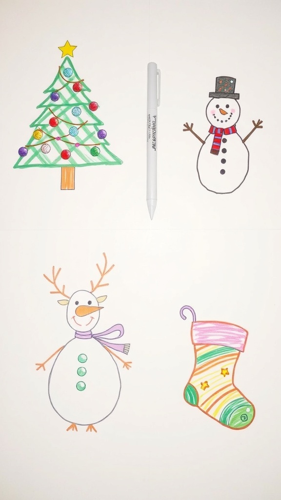 A variety of easy Christmas drawings featuring a tree, snowman, reindeer, and stocking.